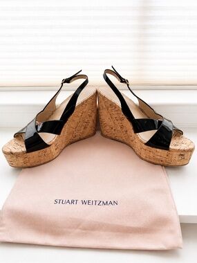 New Stuart Weitzman Black Patent  Wedge Slingback Sandals Sz 8.  Includes bag.